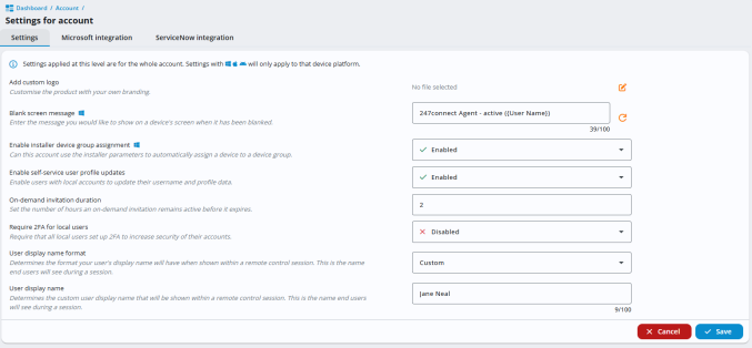 247connect account settings page showing options for add custom logo, blank screen message, enable installer device group assignment, enable self-service profile updates, on-demand invitation duration, require 2FA for local users, user display name format and user display name, with Save and Cancel buttons at the bottom.